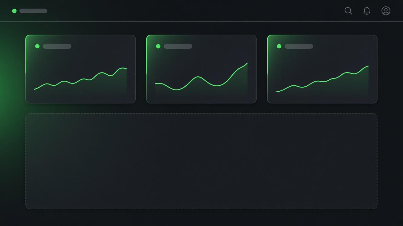 Three loaded summary cards across the top and one dimmed, still empty chart panel below