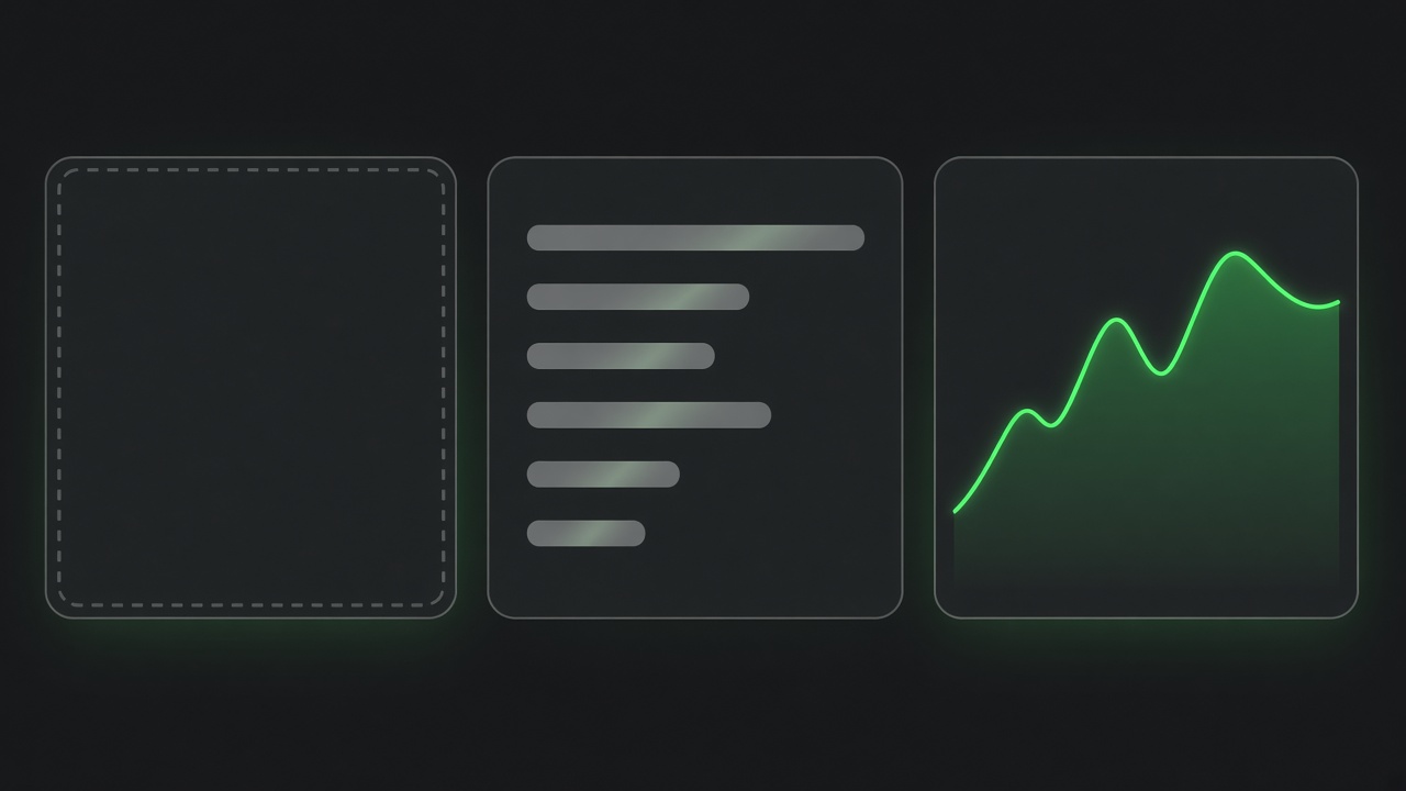 One widget in three states: empty placeholder, loading skeleton, then a loaded line chart