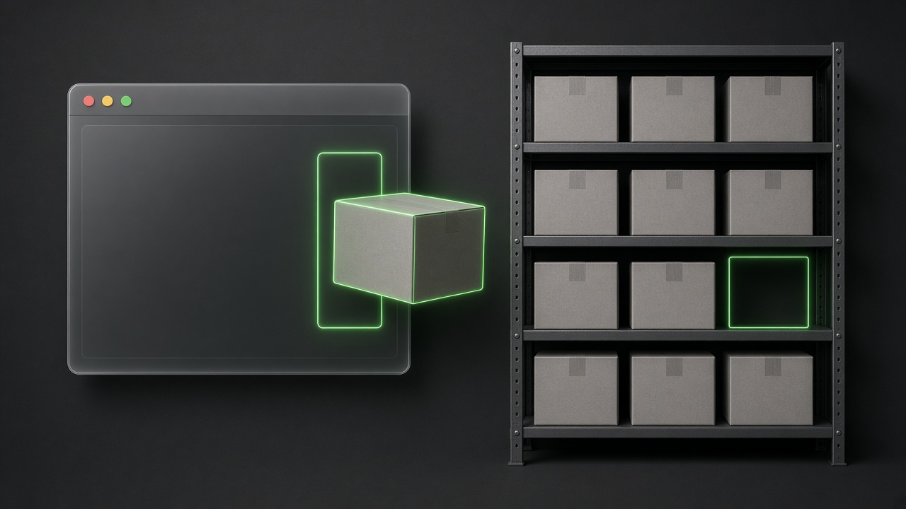 A browser window pulling a stored response off a shelf of identical boxes